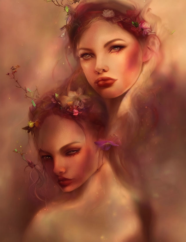 Ethereal figures with floral crowns in soft-focus and warm tones