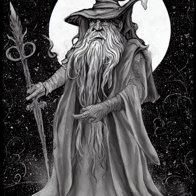 Monochrome illustration: Bearded wizard with staff under full moon