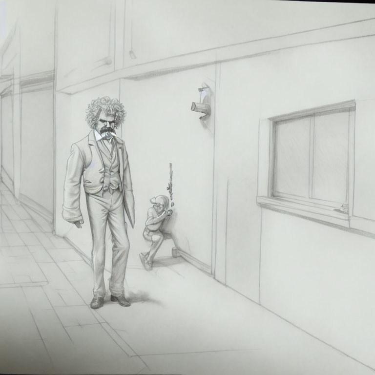 Detailed pencil drawing: man walking in corridor, child drawing on wall, security camera above