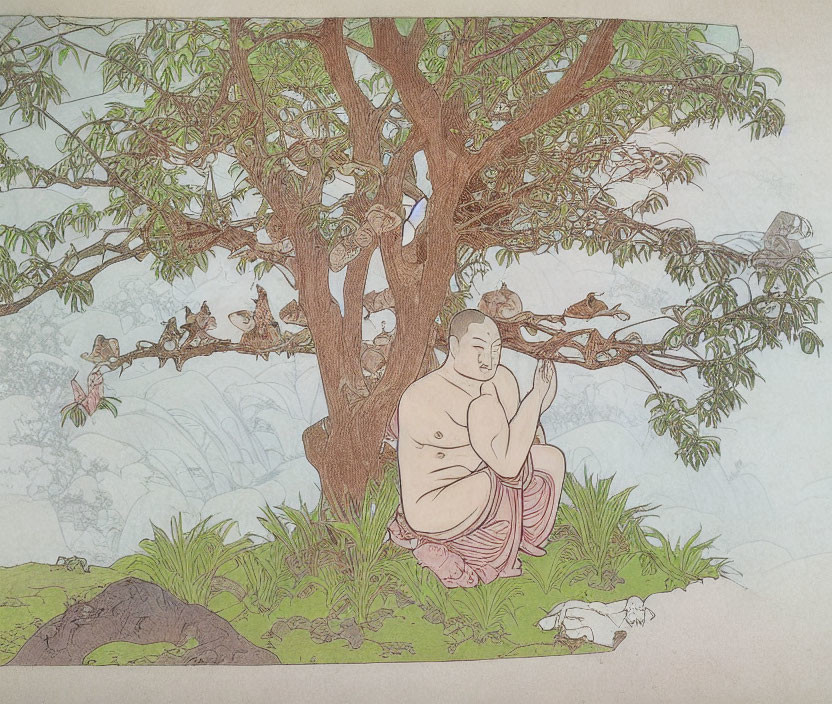 Tranquil artwork of a meditating monk in nature