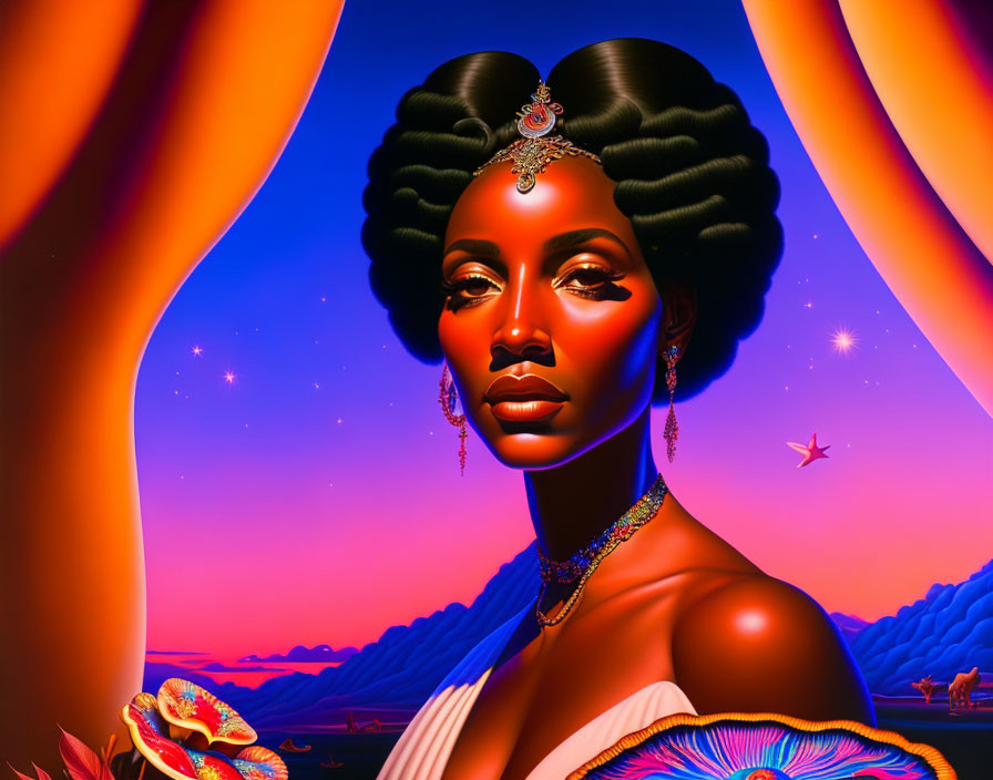 Digital portrait of woman with afro and jewelry in surreal sunset landscape