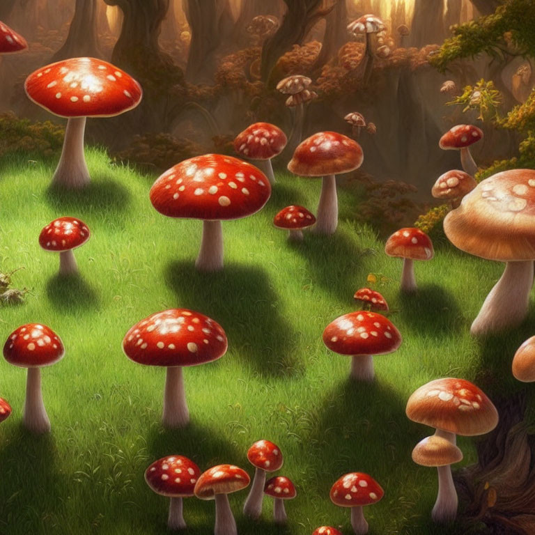 Whimsical forest scene with vibrant red-capped mushrooms