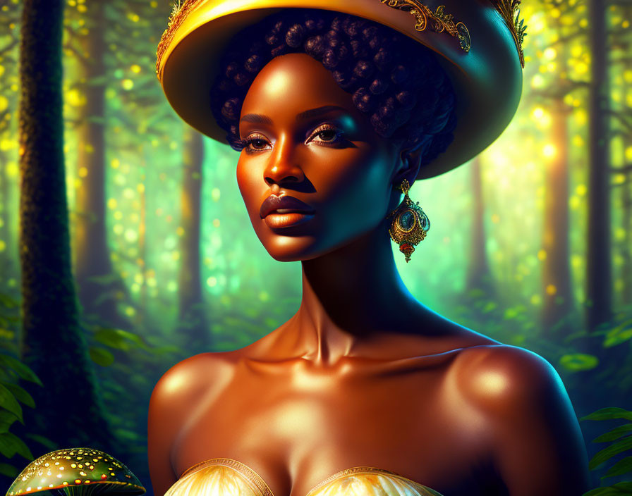 Woman with Golden Accessories in Enchanted Forest Setting