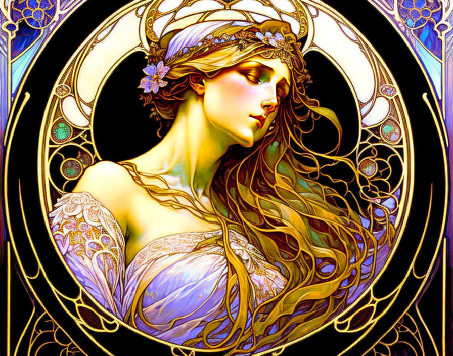 Art Nouveau-style illustration of woman with flowing hair and intricate attire against ornate background.