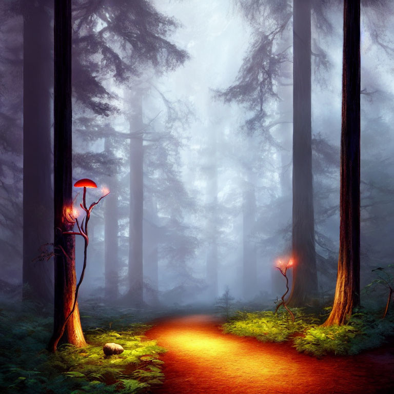 Ethereal forest path with glowing mushrooms in foggy landscape