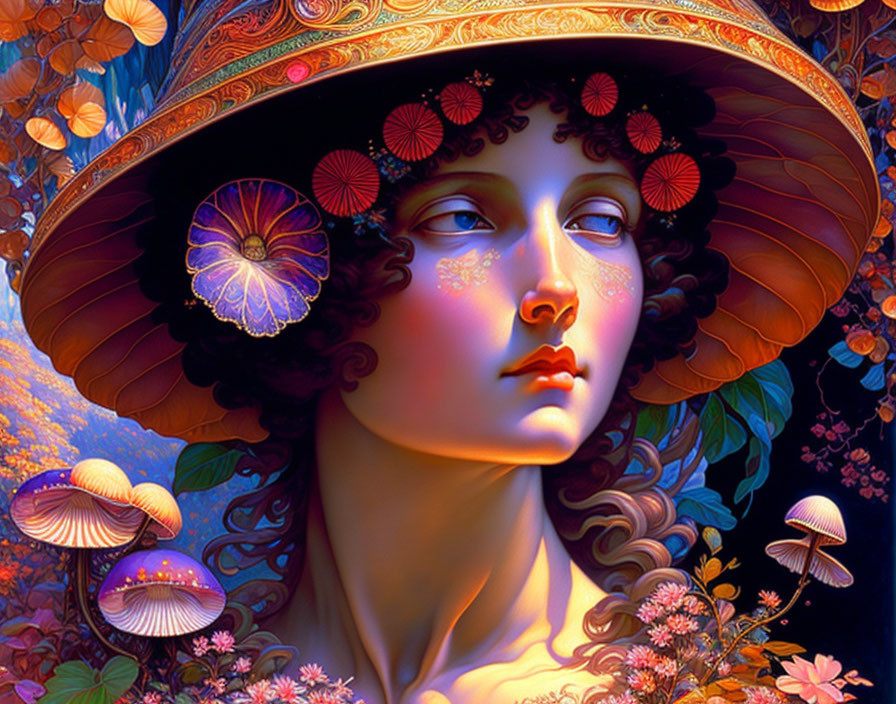 Colorful Portrait of Woman with Wide-Brimmed Hat and Mushrooms