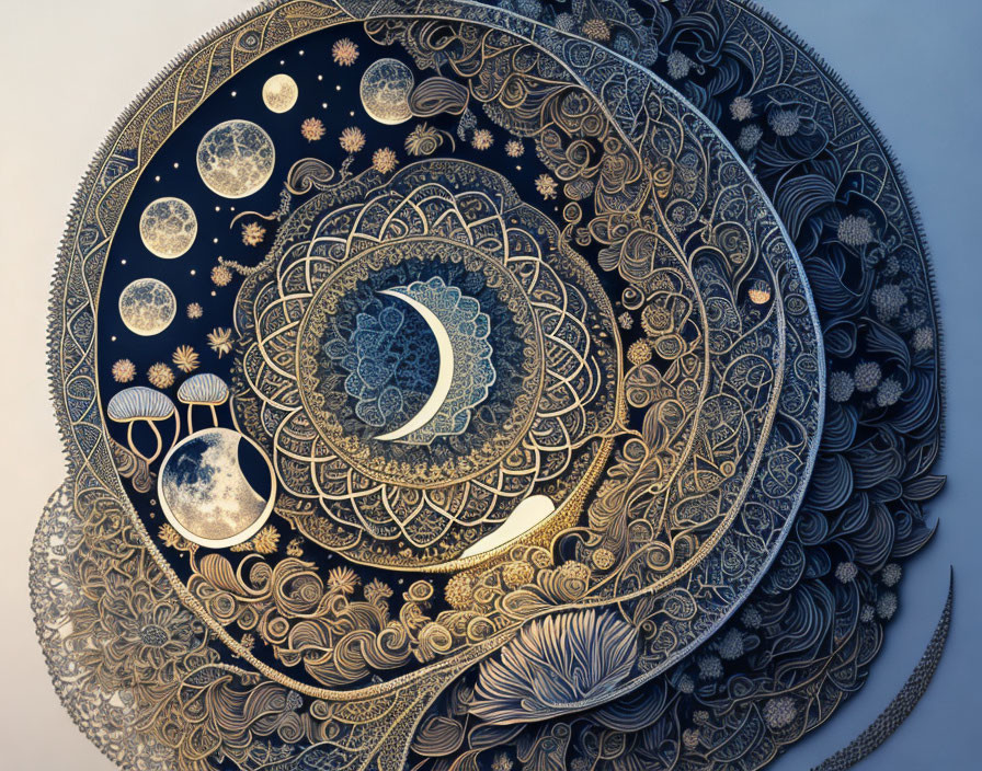 Detailed Celestial Mandala Featuring Moon Phases and Cosmic Elements