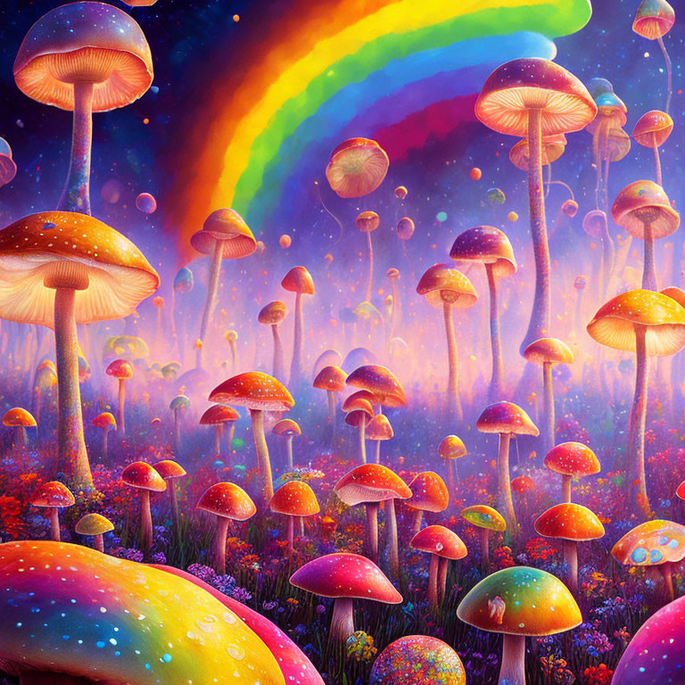 Colorful Fantasy Landscape with Oversized Mushrooms, Rainbow, and Jellyfish-like Creatures