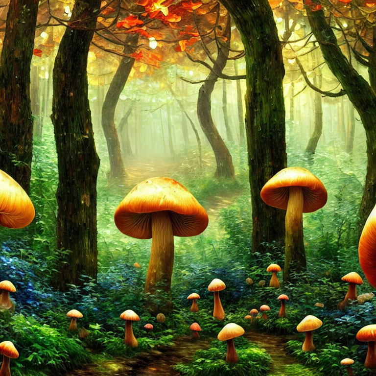 Enchanted Forest with Oversized Mushrooms and Sunlight Glow