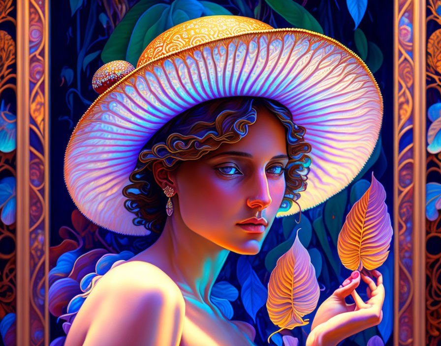 Woman with curly hair in ornate hat on blue floral background