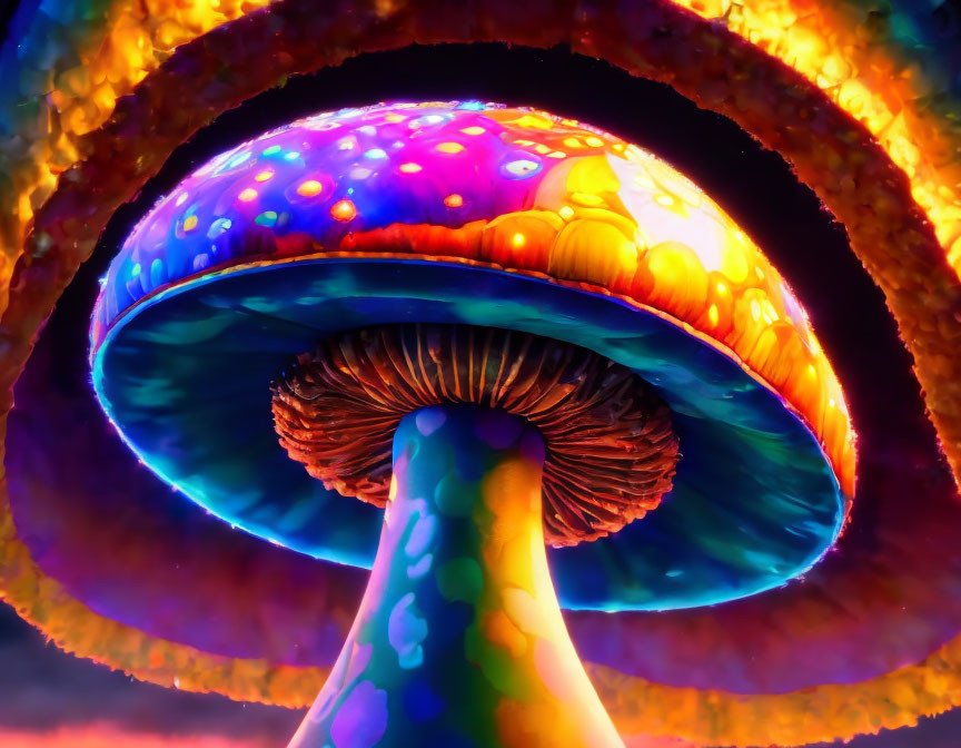 Colorful Psychedelic Mushroom Art with Intricate Patterns and Glowing Underside