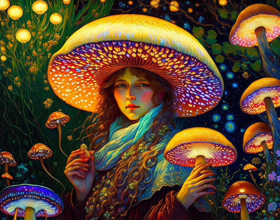 Vibrant illustration of person with glowing mushroom hat in fantasy scene