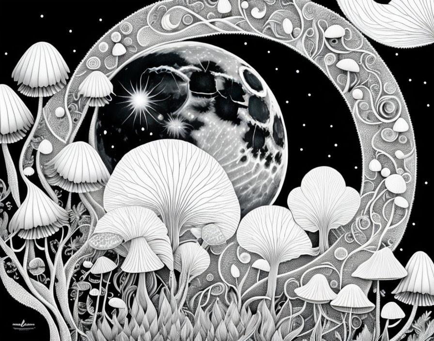 Detailed black and white mushroom and fungi illustration with moon and stars