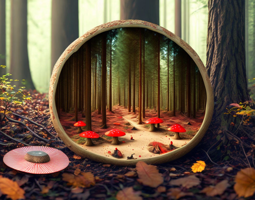 Circular portal revealing forest with tall trees and red mushrooms