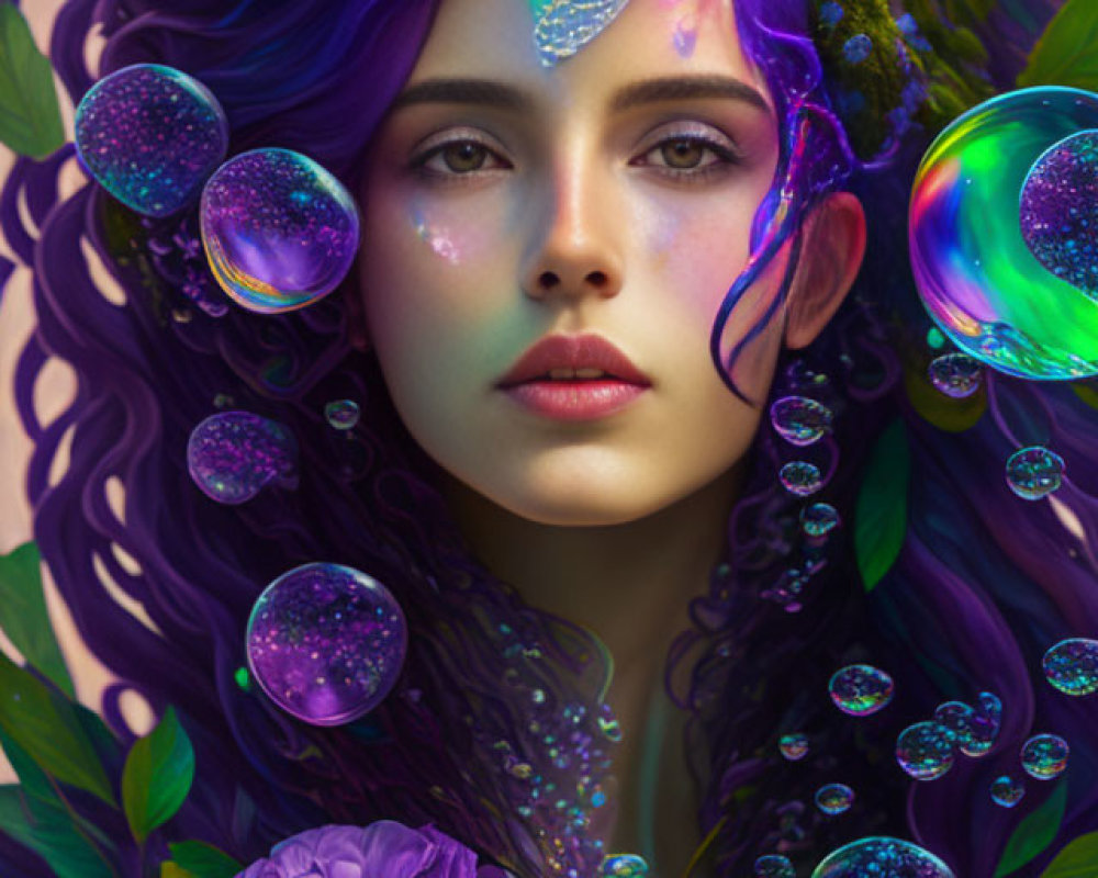 Vibrant purple hair fantasy portrait with iridescent bubbles and lush green foliage