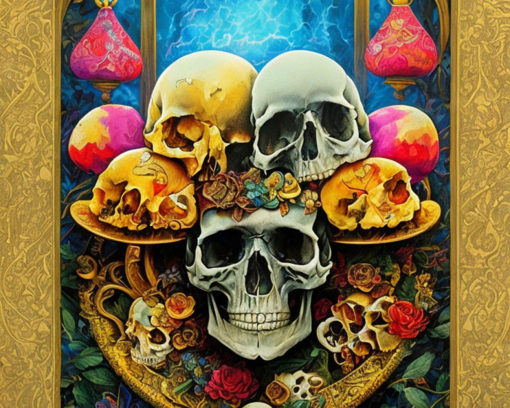 Intricate Skull Artwork with Roses on Blue Background