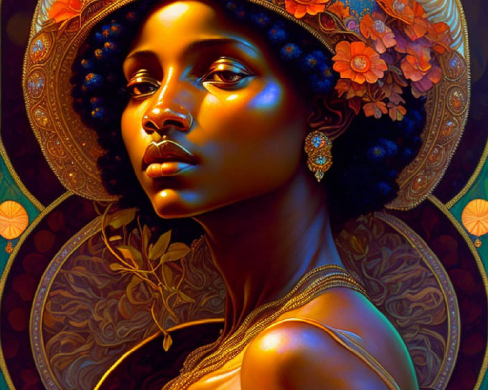 Stylized woman portrait with golden headdress and floral patterns