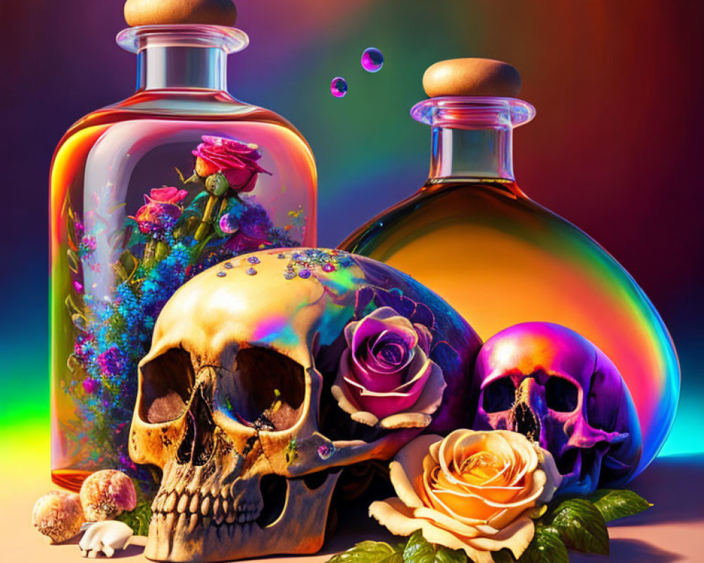 Colorful Still Life Art: Decorated Skulls, Vibrant Flowers, Vintage Bottles