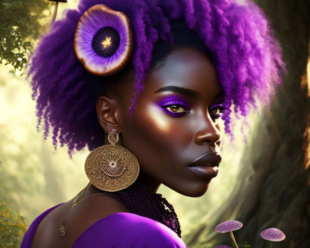 Digital artwork: Woman with purple afro hair, large eye, golden earrings in mystical forest.