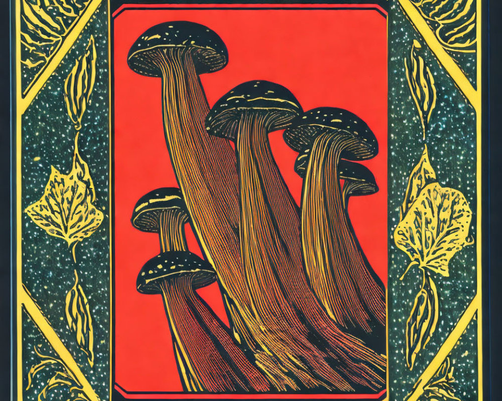 Decorative golden border with leaf motifs on red and teal background mushrooms illustration