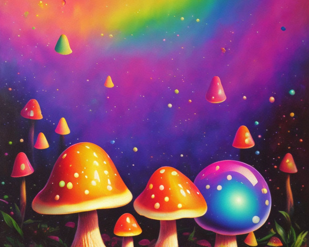 Whimsical mushroom illustration under gradient sky with stars