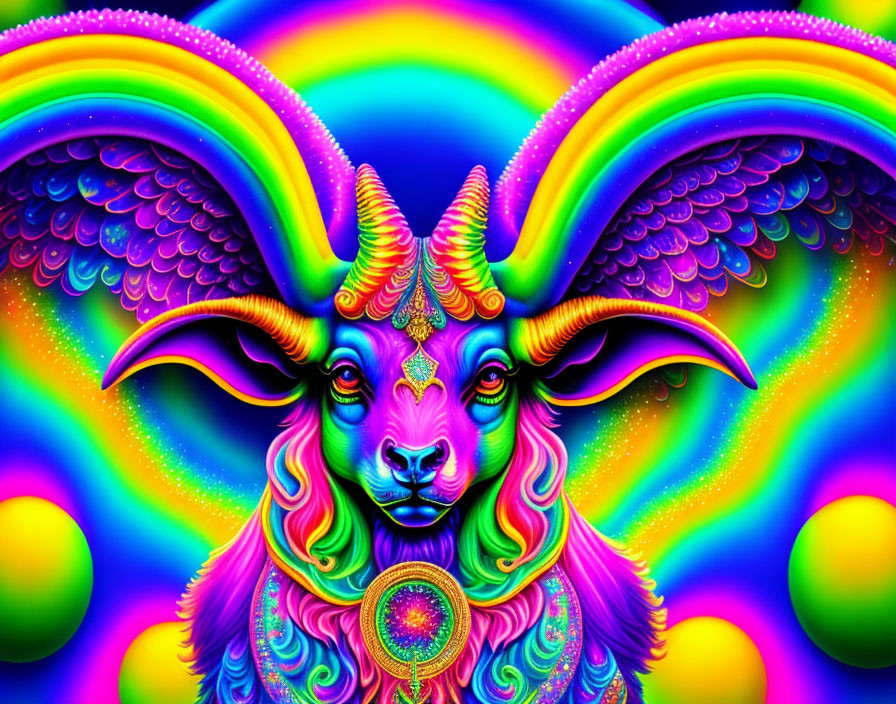 Colorful Psychedelic Image of Stylized Creature with Ram's Horns and Wings