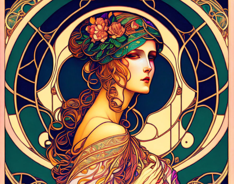 Art Nouveau-style woman with floral hat in intricate circular patterns