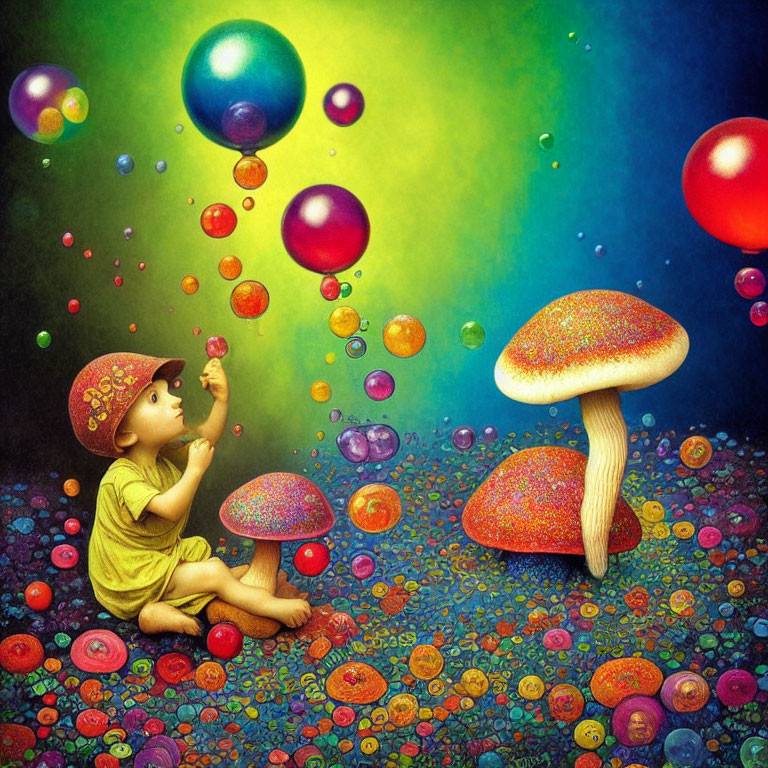 Child surrounded by colorful mushrooms and bubbles on vibrant background