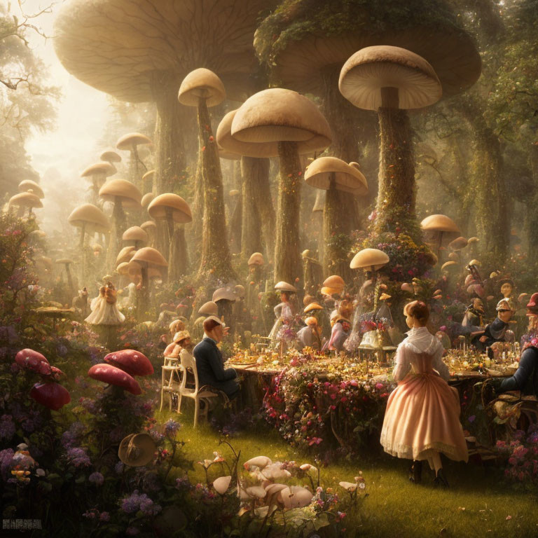 Victorian-era people having outdoor feast under towering mushrooms in sunlit forest.