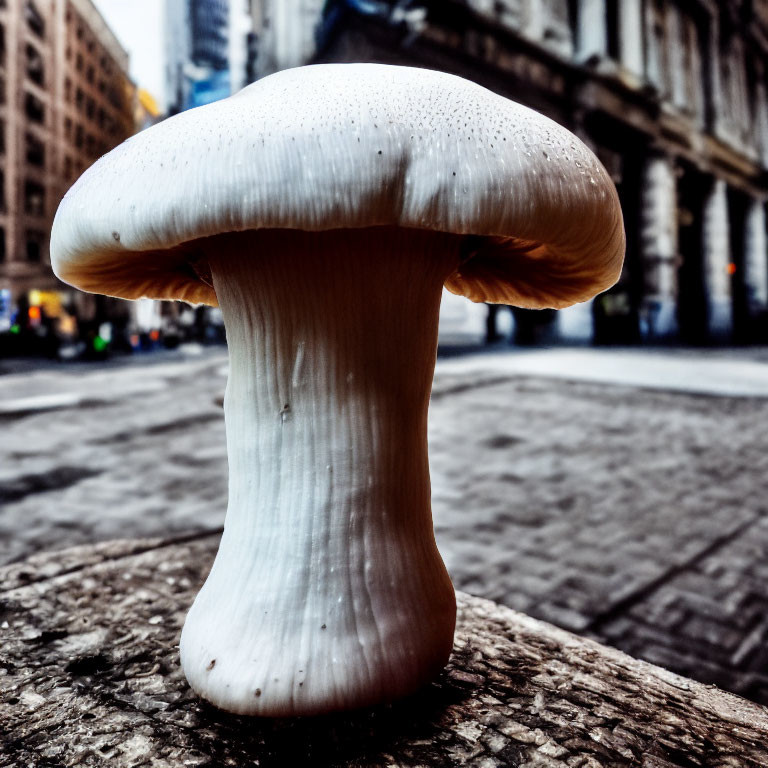 White Mushroom with Wide Cap on Wooden Surface with Urban Street Background