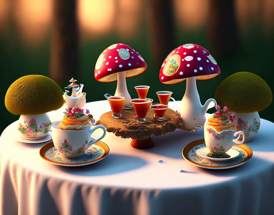 Fantasy-themed outdoor tea party with mushroom teapots and floral teacups