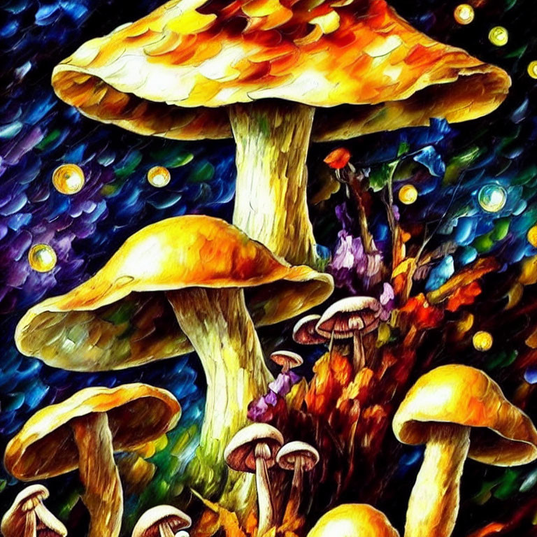 Colorful Mushroom Painting with Fantasy Background and Glowing Orbs