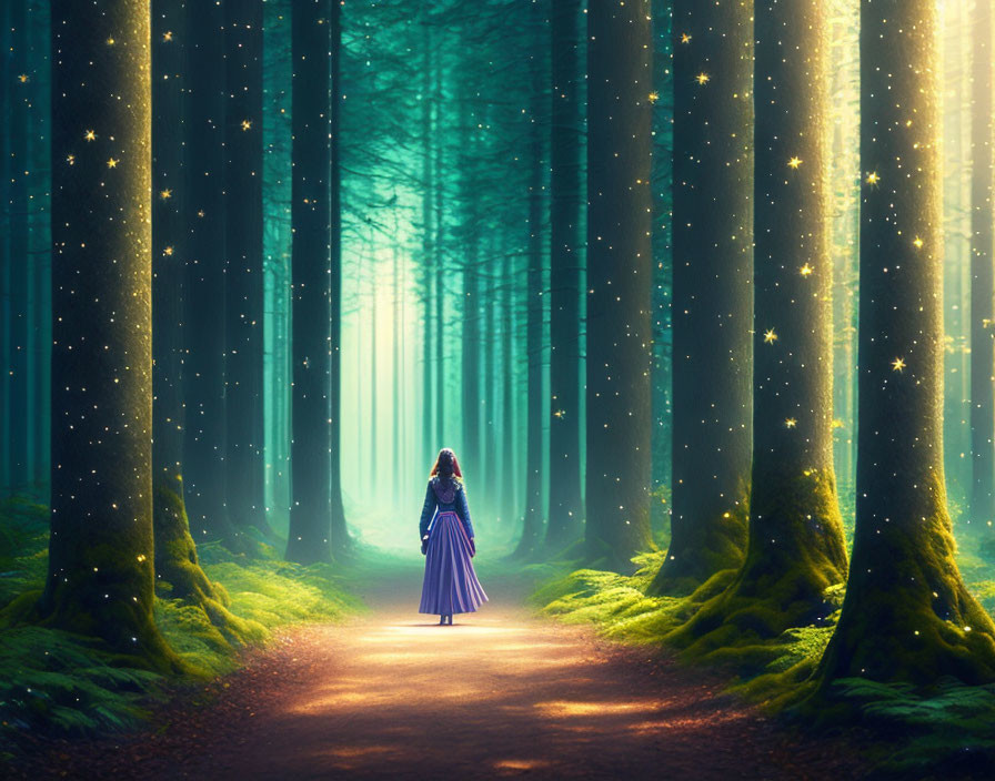 Person in purple cloak in mystical forest with sunbeams & floating sparkles