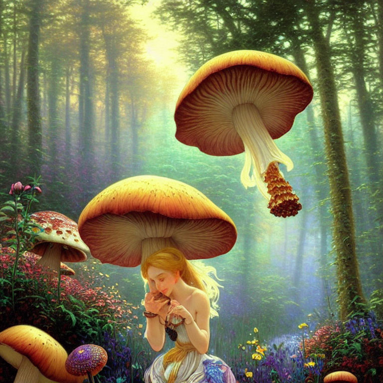 Illustration of fairy-sized girl under giant mushroom in enchanted forest