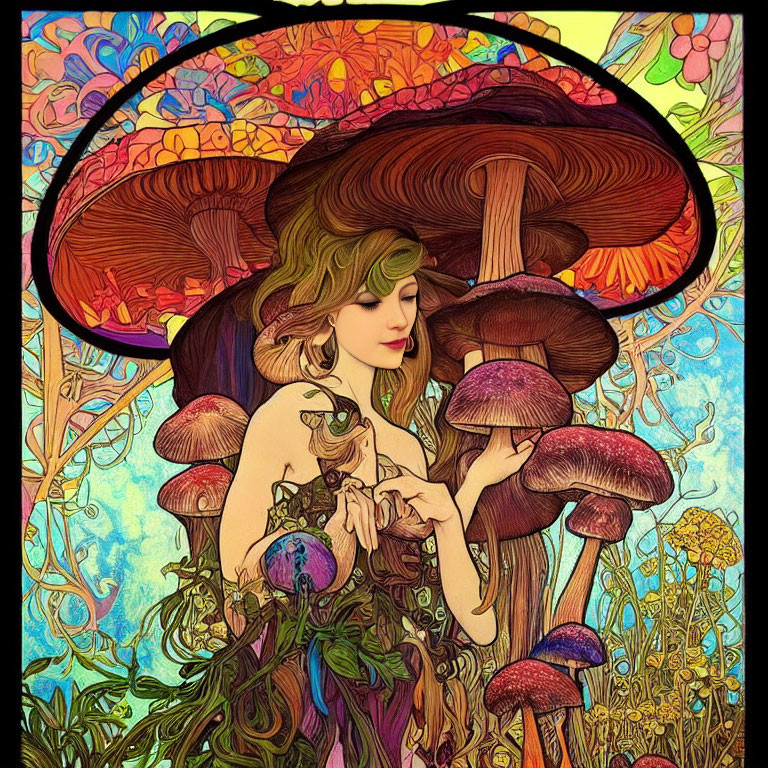 Woman surrounded by vibrant mushrooms and colorful flora in artistic rendering