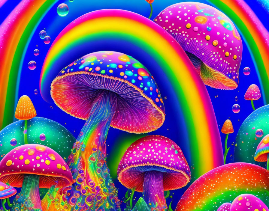 Neon-colored psychedelic mushrooms in fantasy setting