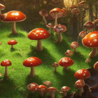 Whimsical forest scene with vibrant red-capped mushrooms