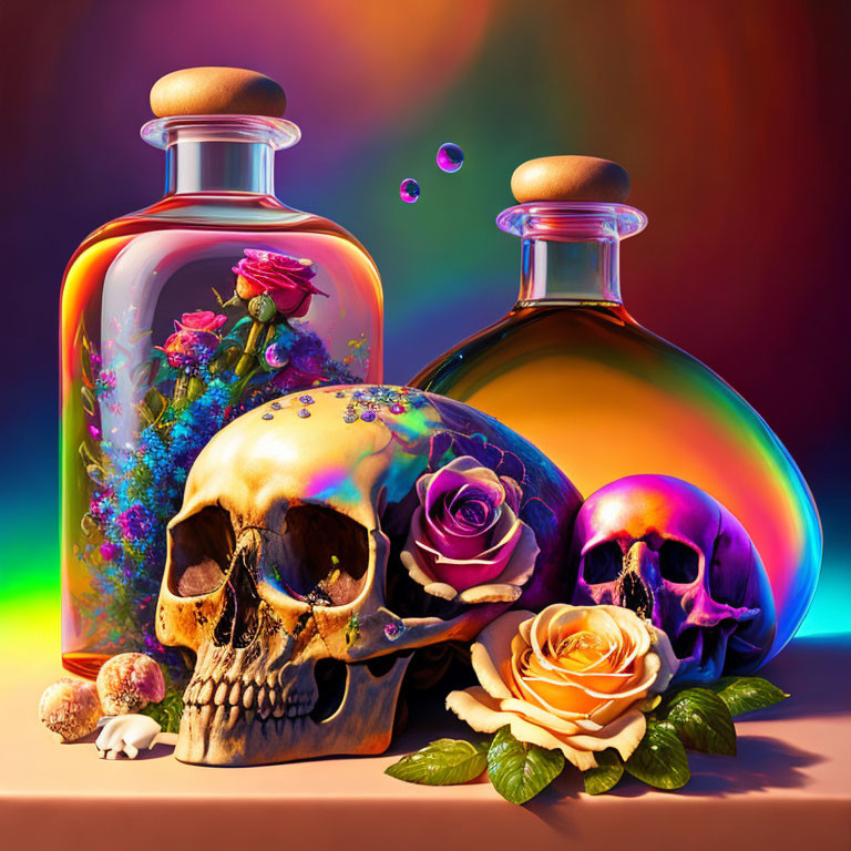 Colorful Still Life Art: Decorated Skulls, Vibrant Flowers, Vintage Bottles