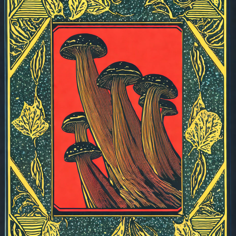 Decorative golden border with leaf motifs on red and teal background mushrooms illustration