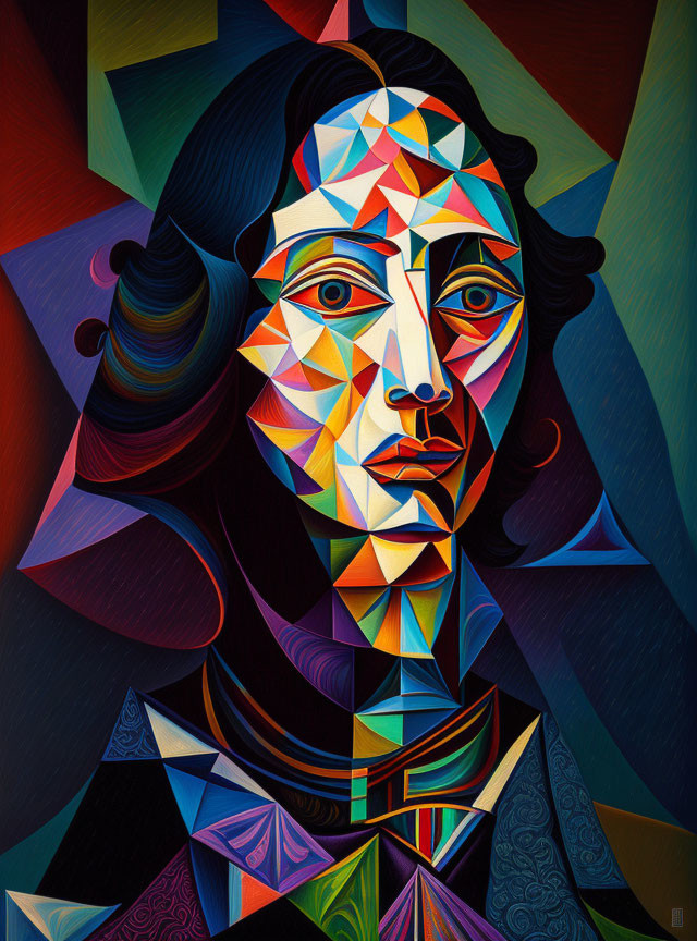 Colorful Cubist-Style Portrait of Woman with Geometric Features