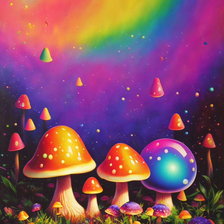 Whimsical mushroom illustration under gradient sky with stars