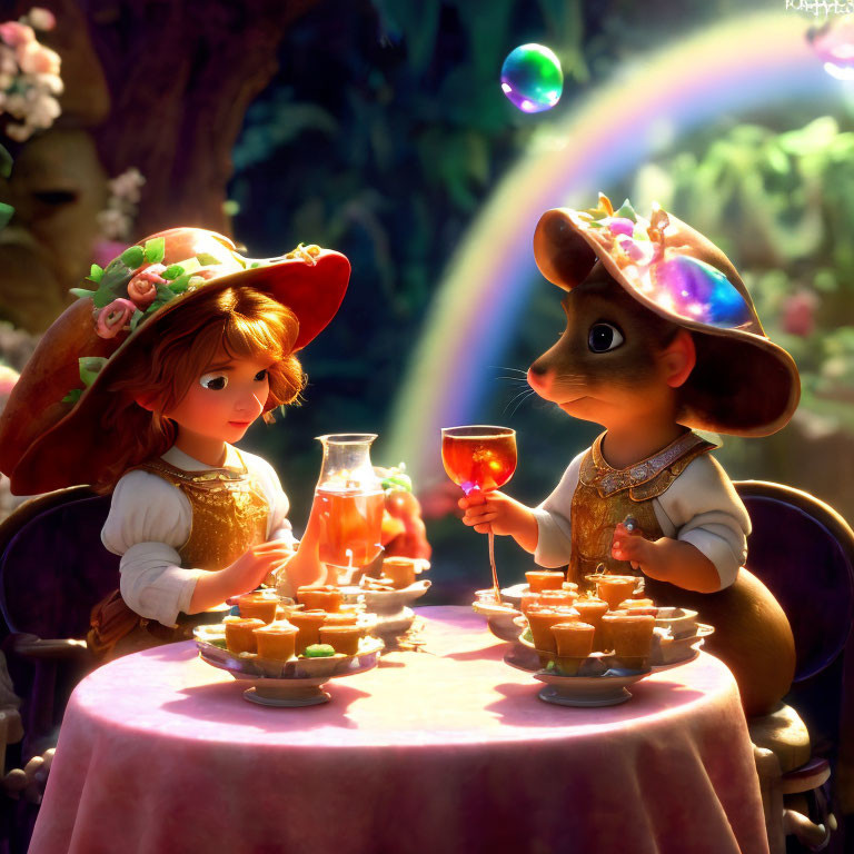 Vintage clothing animated mice picnic with rainbow.