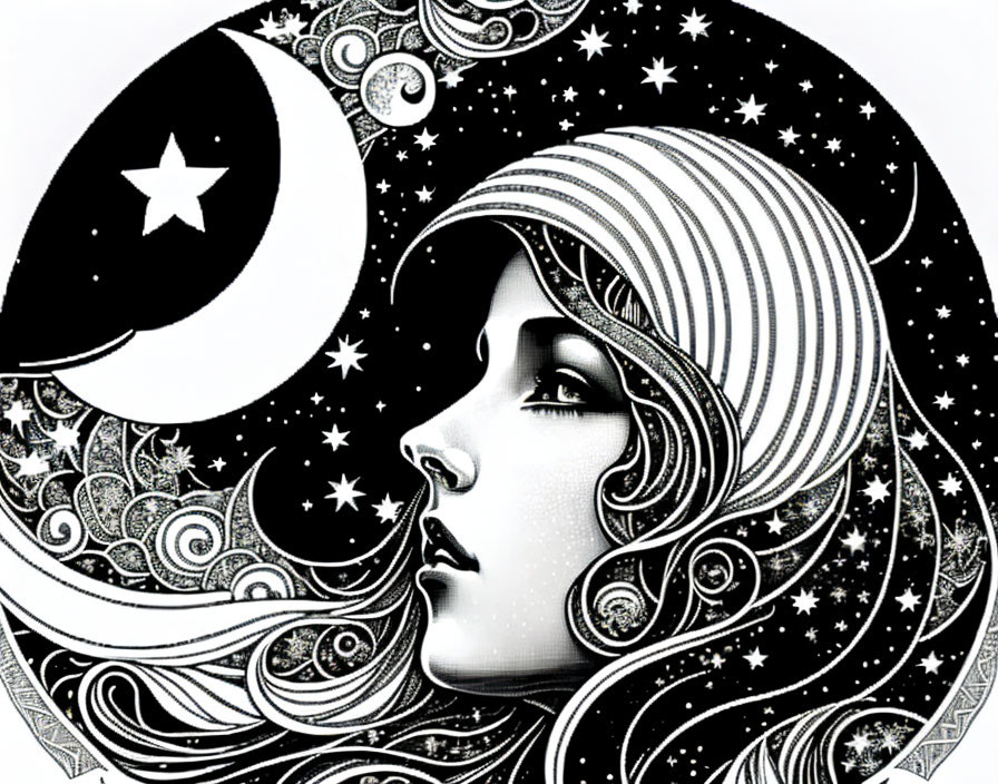 Monochrome woman's profile with stylized hair and night sky motif.