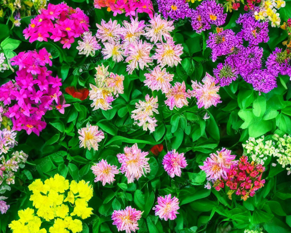 Colorful Multicolored Flowers in Full Bloom with Lush Green Leaves