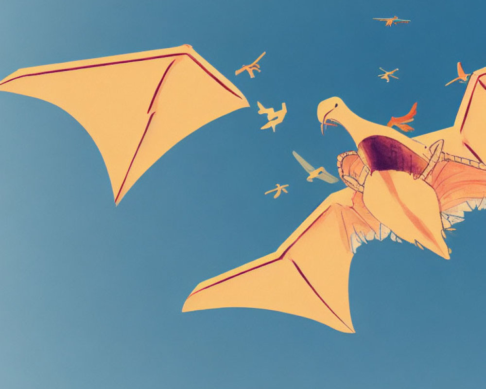 Large Orange Bird-like Creatures Soaring with Wide Wings in Blue Sky