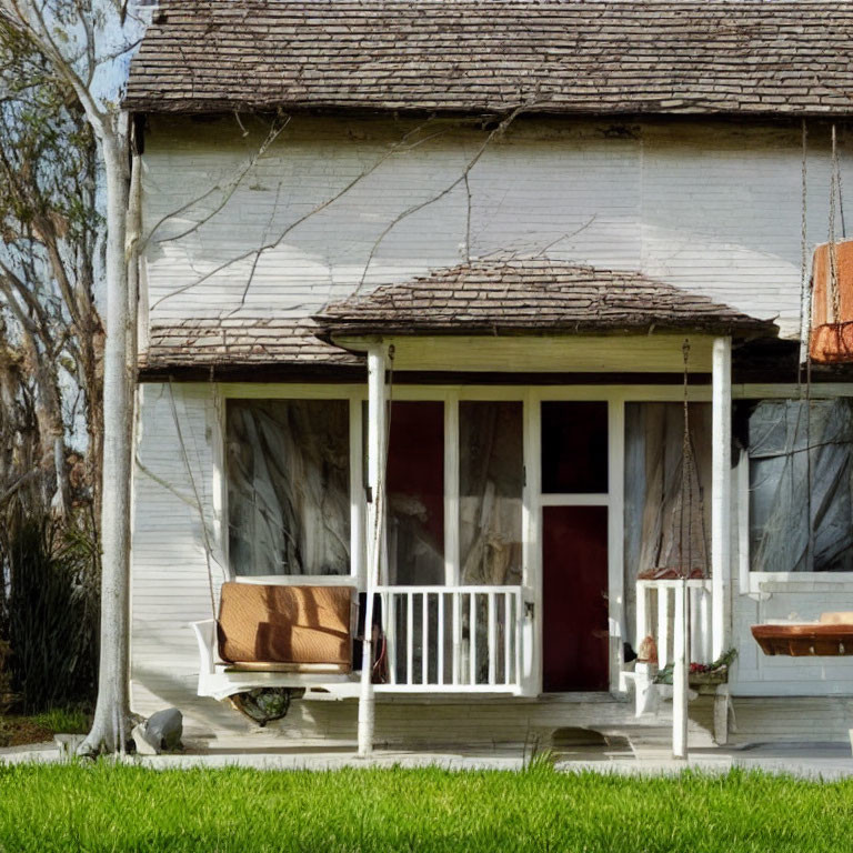 White Wooden House with Porch, Rocking Chairs, Swing, and Tranquil Natural Setting