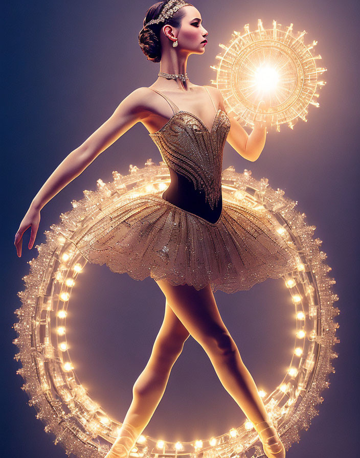 Elegant ballerina in golden tutu with jeweled bodice and radiant backdrop