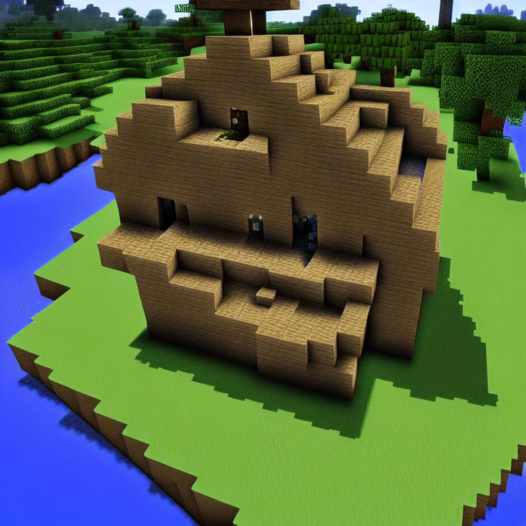 Pixelated Minecraft-style 3D wooden house on island with blue sky