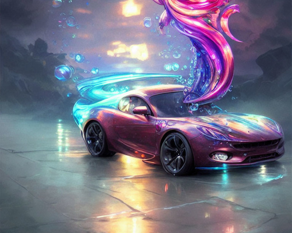 Stylized image of glossy purple sports car with neon underglow and spectral entity