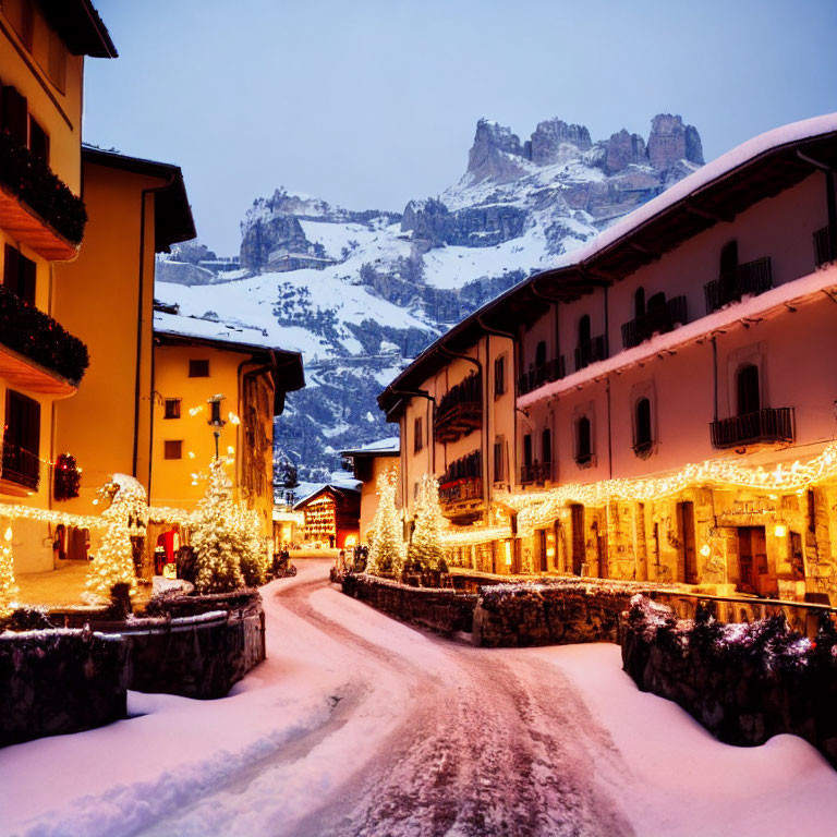 Snowy Mountain Village Street with Festive Decorations at Dusk